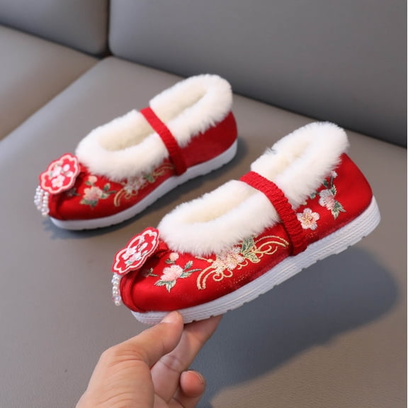 ZHOGXU Big Kids Girls Shoes Plush Flat Sole Non Flower Embroidery Ethnic Style Warm Comfortable Fashion Shoes For Casual Daily Wear Red 2-2.5 Years