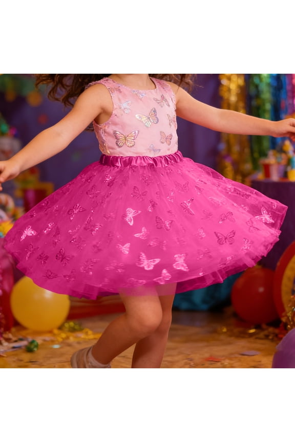 Big Kids Girls Skirt Elastic Waist Butterfly Print Mesh Comfortable Stylish Tutu Skirts For Carnival Party And Daily Wear Hot Pink One Size
