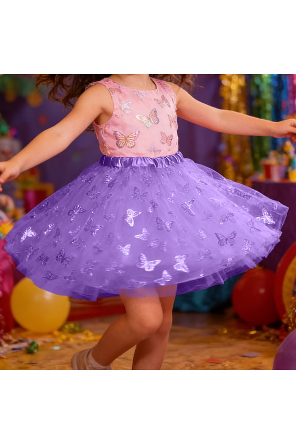 Big Kids Girls Skirt Elastic Waist Butterfly Print Mesh Comfortable Stylish Tutu Skirts For Carnival Party And Daily Wear Purple One Size