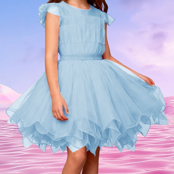 ZHOGXU Big Kids Girls Skirt Elastic Waist Solid Color Asymmetrical Layered Mesh Comfortable Stylish Tutu Skirts For Party And Stage Performance Light Blue One Size (Xs)