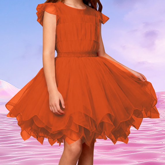 ZHOGXU Big Kids Girls Skirt Elastic Waist Solid Color Asymmetrical Layered Mesh Comfortable Stylish Tutu Skirts For Party And Stage Performance Orange1 One Size (Xs)