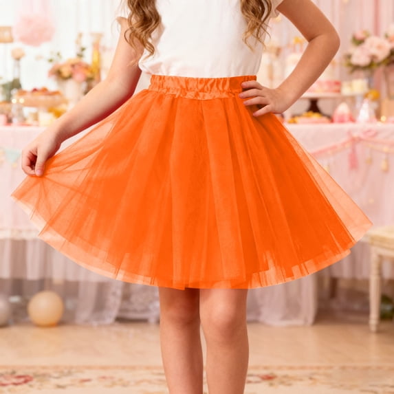 ZHOGXU Big Kids Girls Skirt Elastic Waist Solid Color Comfortable Stylish Mesh Tutu Skirts For Carnival Party And Daily Wear Orange One Size