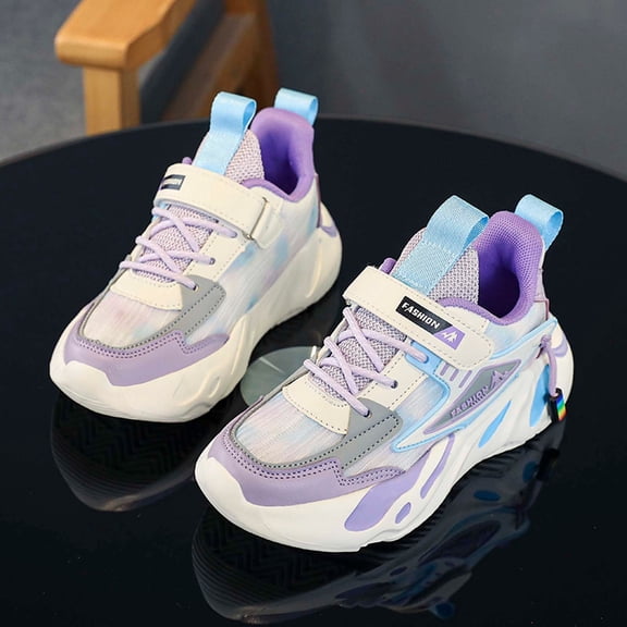 ZHOGXU Big Kids Girls Sneakers Soft Sole Non Slip Color Block Lace Up Breathable Comfortable Lightweight Sports Shoes For Casual Daily Wear Purple 33