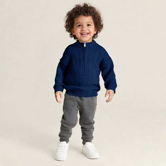 ZHOGXU Big Kids Girls Sweater Long Sleeve Turtleneck Zip Up Knit Solid Color Warm Soft Comfortable Top For Daily Wear Dark Blue 4-5 Years