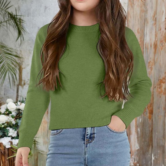 ZHOGXU Big Kids Girls Sweaters Long Sleeve Round Neck Knit Solid Color Warm Comfortable Top For Casual Daily Wear Green 18-24 Months
