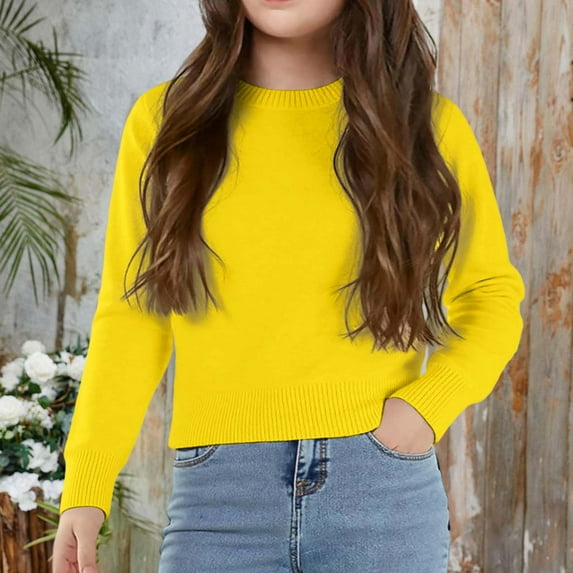ZHOGXU Big Kids Girls Sweaters Long Sleeve Round Neck Knit Solid Color Warm Comfortable Top For Casual Daily Wear Ye1 3-4 Years