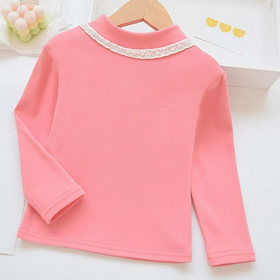 ZHOGXU Big Kids Girls T Shirt Long Sleeve Half Turtleneck Plush Lined Lace Trim Soft Warm Base Layer Tee Top For Casual Daily Wear Hot Pink 3-4 Years