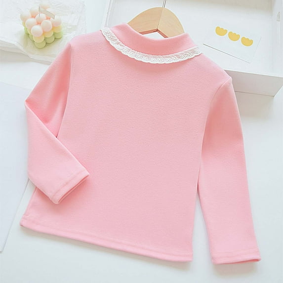 ZHOGXU Big Kids Girls T Shirt Long Sleeve Half Turtleneck Plush Lined Lace Trim Soft Warm Base Layer Tee Top For Casual Daily Wear Pink 4-5 Years