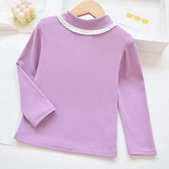 ZHOGXU Big Kids Girls T Shirt Long Sleeve Half Turtleneck Plush Lined Lace Trim Soft Warm Base Layer Tee Top For Casual Daily Wear Purple 6-7 Years