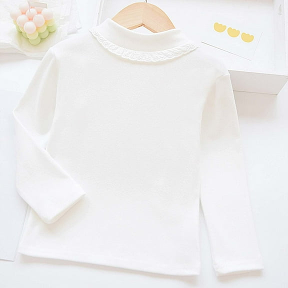 ZHOGXU Big Kids Girls T Shirt Long Sleeve Half Turtleneck Plush Lined Lace Trim Soft Warm Base Layer Tee Top For Casual Daily Wear White 9-10 Years