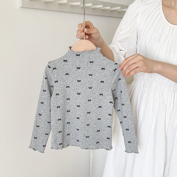 ZHOGXU Big Kids Girls T Shirt Long Sleeve Lettuce Trim Cartoon Print Comfortable Breathable Bottoming Tops For Daily Wear Grey 18-24 Months