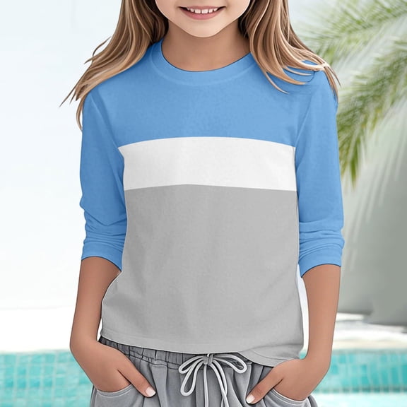 ZHOGXU Big Kids Girls Tee Long Sleeve Round Neck Color Block Soft Comfortable Casual Top For Everyday Wear Light Blue 13-14 Years