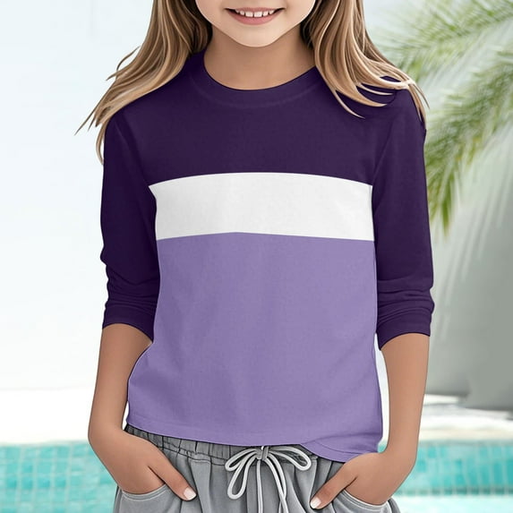 ZHOGXU Big Kids Girls Tee Long Sleeve Round Neck Color Block Soft Comfortable Casual Top For Everyday Wear Purple 3-4 Years
