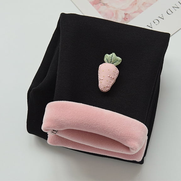 ZHOGXU Big Kids Girls Thermal Leggings High Waist Cartoon Design Slim Fit Plush Warm Comfortable Stretchy Pants Trousers For Fall Winter Daily Wear Black 18-24 Months