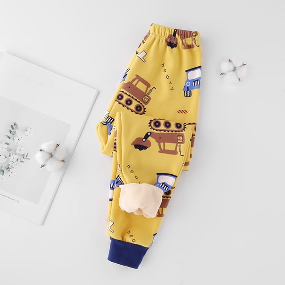 ZHOGXU Big Kids Girls Thermal Leggings High Waist Cartoon Print Slim Fit Plush Warm Comfortable Stretchy Pants Trousers For Fall Winter Daily Wear Yellow 4-5 Years