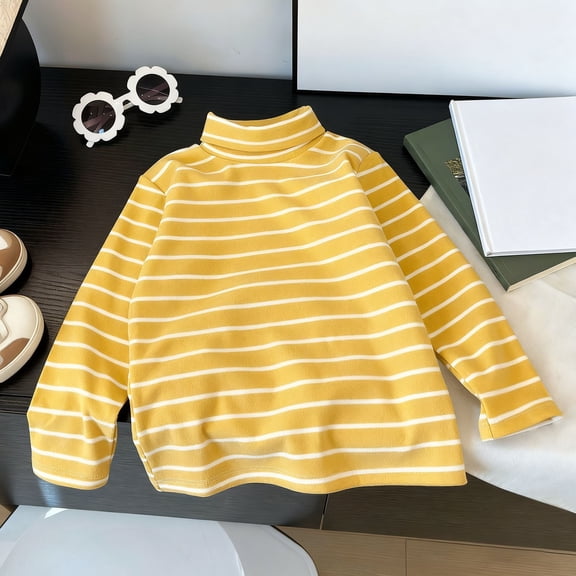 ZHOGXU Big Kids Girls Thermal Top Long Sleeve Turtleneck Striped Print Soft Stretch Warm Sweatshirt For Autumn Winter Daily Wear Yellow 12-24 Months