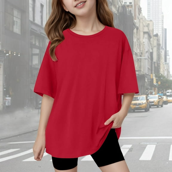 ZHOGXU Big Kids Girls Top Half Sleeve Round Neck Solid Color Comfortable Soft Loose Fit Tee For Casual Daily Wear Red 5-6 Years