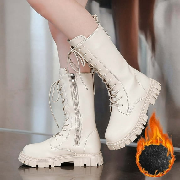 ZHOGXU Big Kids Girls Winter Boots Lace Up Side Zipper Solid Color Flat Sole Plush Fashion Warm Shoes For Casual Daily Wear White 6-7 Years