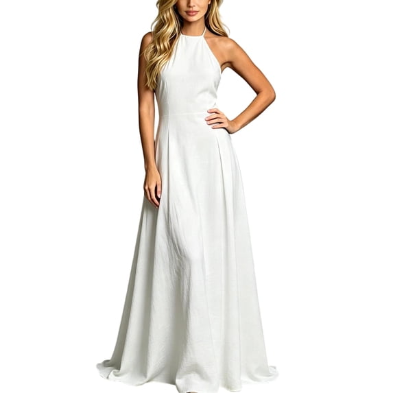 ZHOGXU Boho Wedding Guest Dresses For Women Sleeveless Halter Maxi Dress Elegant Summer Cocktail Dress,White,XS