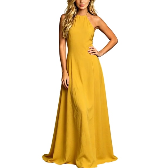 ZHOGXU Boho Wedding Guest Dresses For Women Sleeveless Halter Maxi Dress Elegant Summer Cocktail Dress,Yellow,XL