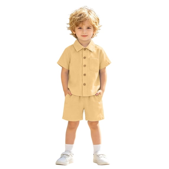 ZHOGXU Boys Baby Girls Solid Color Outfit Short Sleeve Button Front Summer Gentleman Top And Shorts 2PCS Set For Kids,Yellow,18-24 Months