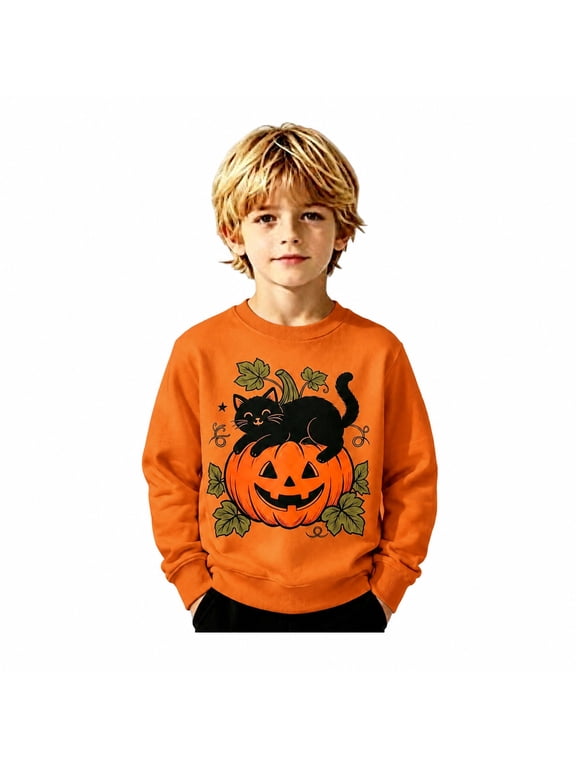 Boys Girls Halloween Pullover Pumpkin Black Cat Print Crewneck Sweatshirts Kids Outerwear Tops School Wear,Orange,10-11 Years