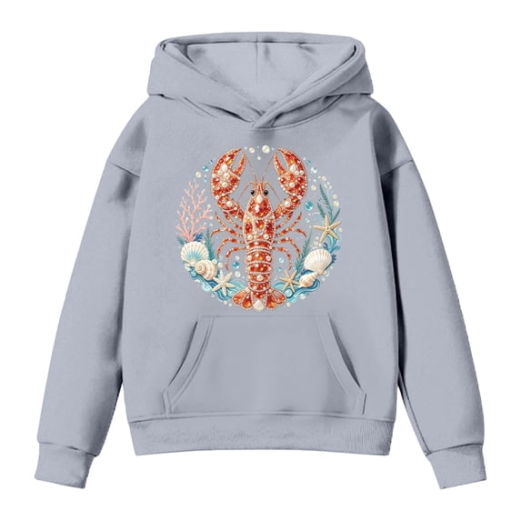 ZHOGXU Boys Girls Lobster Ocean Print Pullover Hoodie Long Sleeve Casual Sweatshirt Top With Pocket For Kids Youth Outdoor Daily Wear,Grey,6-7 Years
