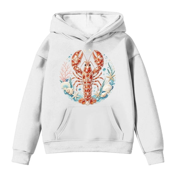 ZHOGXU Boys Girls Lobster Ocean Print Pullover Hoodie Long Sleeve Casual Sweatshirt Top With Pocket For Kids Youth Outdoor Daily Wear,White,6-7 Years