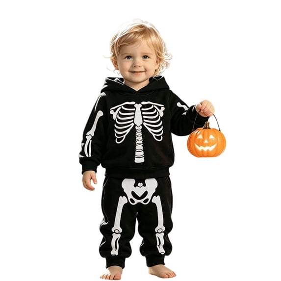 ZHOGXU Boys Halloween Sweatshirt Sets Skeleton Glowing Long Sleeve Hoodie With Pant Outfits Kids 2 Piece Set,Black,4-5 Years