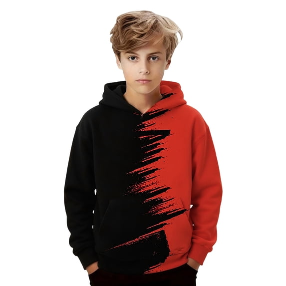 ZHOGXU Boys Patchwork Gradient Hooded Sweatshirt Long Sleeve Pullover Hoodie With Pocket For Kids Cool Outdoor Daily Wear,Red1,5-6 Years