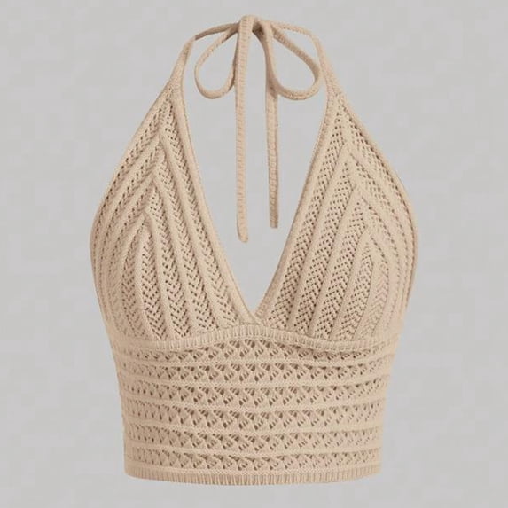 ZHOGXU Camisole For Women Halter Neck Tank Tops Solid Color V Neck Hollow Out Knit Boho Comfortable Stretchy Slim Fit Vest For Daily Wear,Khaki,M