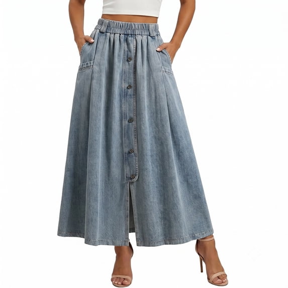 ZHOGXU Casual Denim Midi Skirts For Women Pleated Solid Color Elastic Waist A Line Button Front With Pocket Outdoor Shopping Dating
