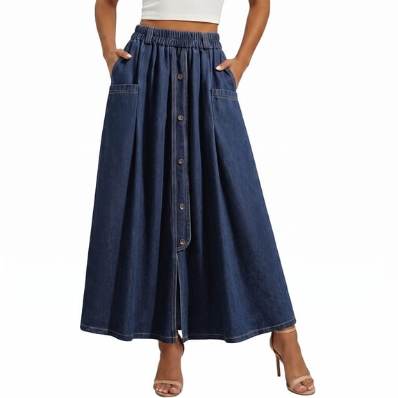 ZHOGXU Casual Denim Midi Skirts For Women Pleated Solid Color Elastic Waist A Line Button Front With Pocket Party Club Wear
