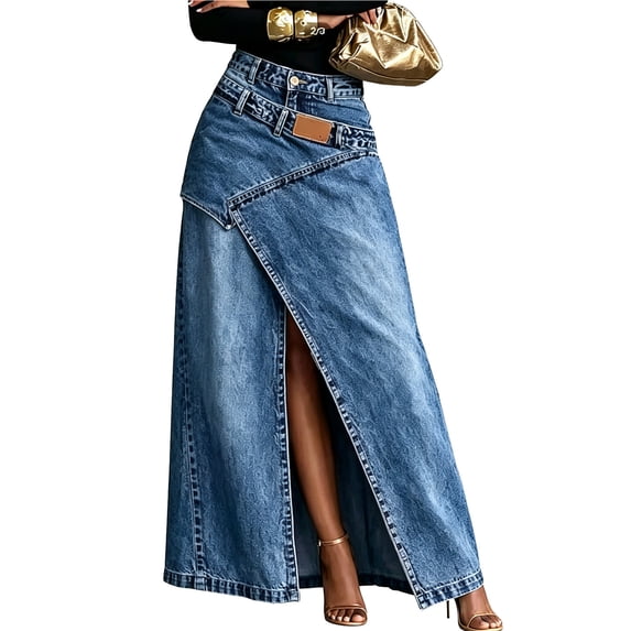 ZHOGXU Casual Ladies Denim Midi Skirts Solid Color High Waist Wrap With Slit Button Front Layered Modern Design New Clothes 2026