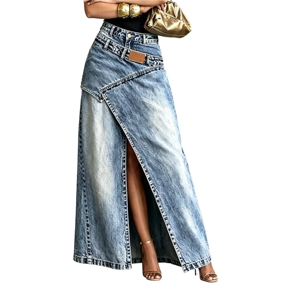 ZHOGXU Casual Ladies Denim Midi Skirts Solid Color High Waist Wrap With Slit Button Front Layered Modern Design Party Club Wear