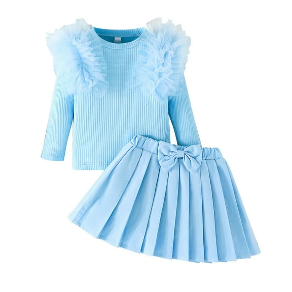 ZHOGXU Child Girl Outfits Solid Color Long Sleeve Top Solid Bowknot Skirt Two Pieces Set Spring And Summer Fashion Wear，Blue，L