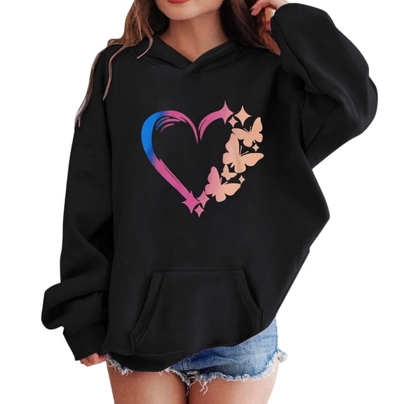 ZHOGXU Children Boys Girls Hoodies With Pocket Long Sleeve Love Heart Print Plush Lined Comfortable Soft Sweatshirt For Everyday Wear Black 3-4 Years