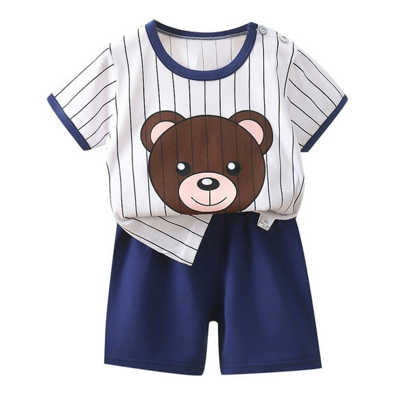 ZHOGXU Children Boys Girls Pajamas Sets Casual Fashion Animal Print Striped Short Sleeved Top   Shorts Homewear Two Piece Outfits,White,12-18 Months