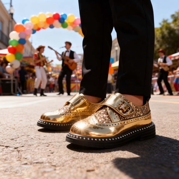 ZHOGXU Children Boys Shoes Non Slip Thick Bottom Hook Loop Comfortable Elegant Stylish Dress Shoes For Stage Performance,Gold,10.5-11 Years