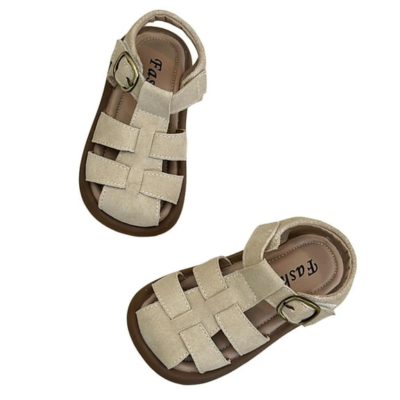ZHOGXU Children Girls Summer Sandals With Adjustable Straps Closed Toe Soft Mesh Hollow Comfortable Flat Shoes For Everyday Wear,Beige,1-1.5 Years