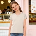 thumbnail image 1 of ZHOGXU Children Girls Summer T Shirt Short Sleeve V Neck Solid Color Comfortable Fashion Tee Top For Casual Daily Wear,Beige,5-6 Years, 1 of 5
