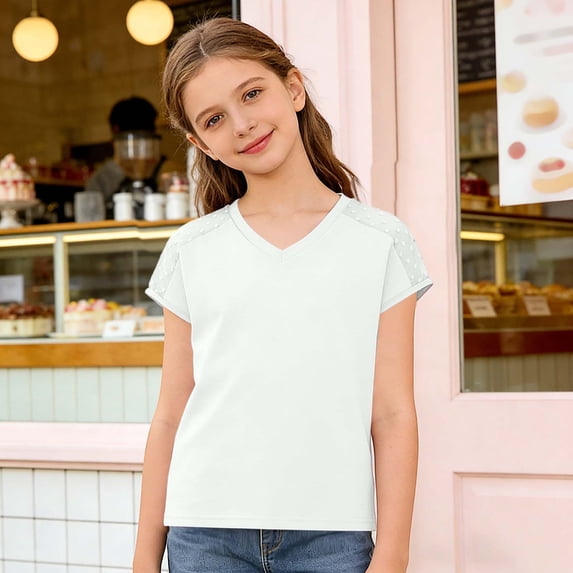 ZHOGXU Children Girls Summer T Shirt Short Sleeve V Neck Solid Color Comfortable Fashion Tee Top For Casual Daily Wear,White,5-6 Years