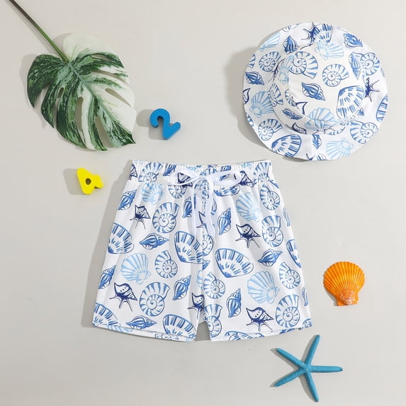 ZHOGXU Children Kids Boys Swim Trunks Drawstring Elastic Waist Cartoon Print Comfortable Fashion Swimwear Shorts With Hat For Pool Beach,Multicolour,9-12 Months