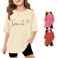 thumbnail image 1 of ZHOGXU Children Kids Girls T Shirt Short Sleeve Round Neck Letter Print Oversized Comfortable Basic Tees Top For Casual Daily Wear,Beige,13-14 Years, 1 of 6