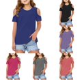 thumbnail image 1 of ZHOGXU Children Kids Girls T Shirt Short Sleeve Round Neck Solid Color Fashion Comfortable Tee Top For Casual Daily Wear,Dark Blue,7-8 Years, 1 of 5