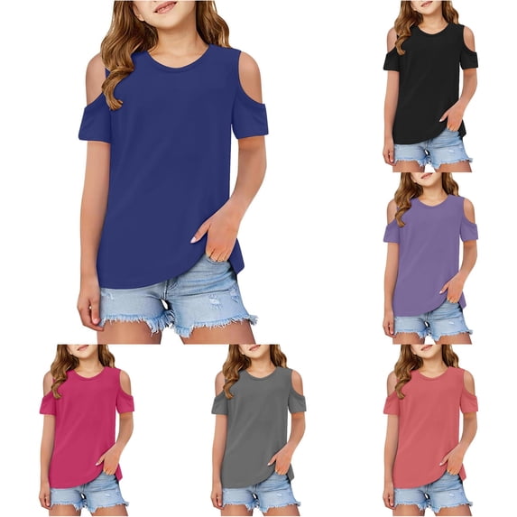ZHOGXU Children Kids Girls T Shirt Short Sleeve Round Neck Solid Color Fashion Comfortable Tee Top For Casual Daily Wear,Dark Blue,7-8 Years