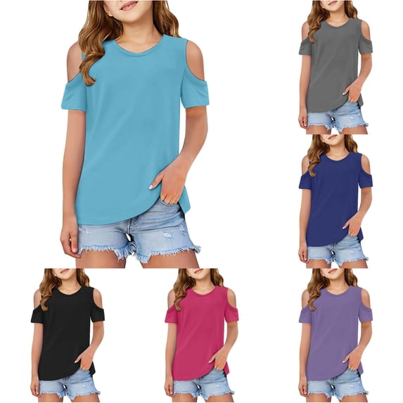 ZHOGXU Children Kids Girls T Shirt Short Sleeve Round Neck Solid Color Fashion Comfortable Tee Top For Casual Daily Wear,Sky Blue,4-5 Years
