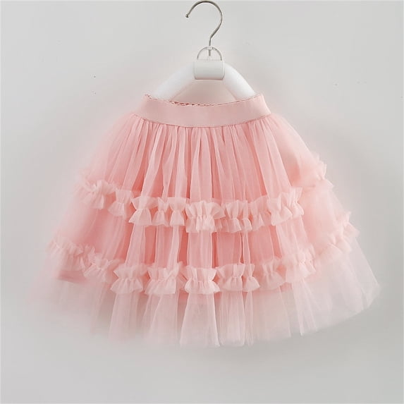 ZHOGXU Childrens Kids Girls Skirt Elastic Waist Solid Color Layered Hem Mesh Comfortable Fashion Mini Skirt For Casual Daily Wear,Pink,7-8 Years