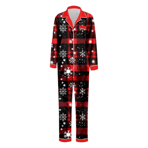 ZHOGXU Christmas Family Matching Pajamas Two Piece Long Sleeve Lapel Buttons Snowflake Print Top And Pants Comfortable Soft Holiday Festive Nightwear Outfits Mom-Red S