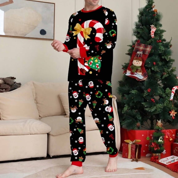 ZHOGXU Christmas Family Matching Pajamas Two Piece Long Sleeve Round Neck Santa Claus Print Top And Pants Comfortable Soft Holiday Festive Nightwear Outfits Dad-Black L